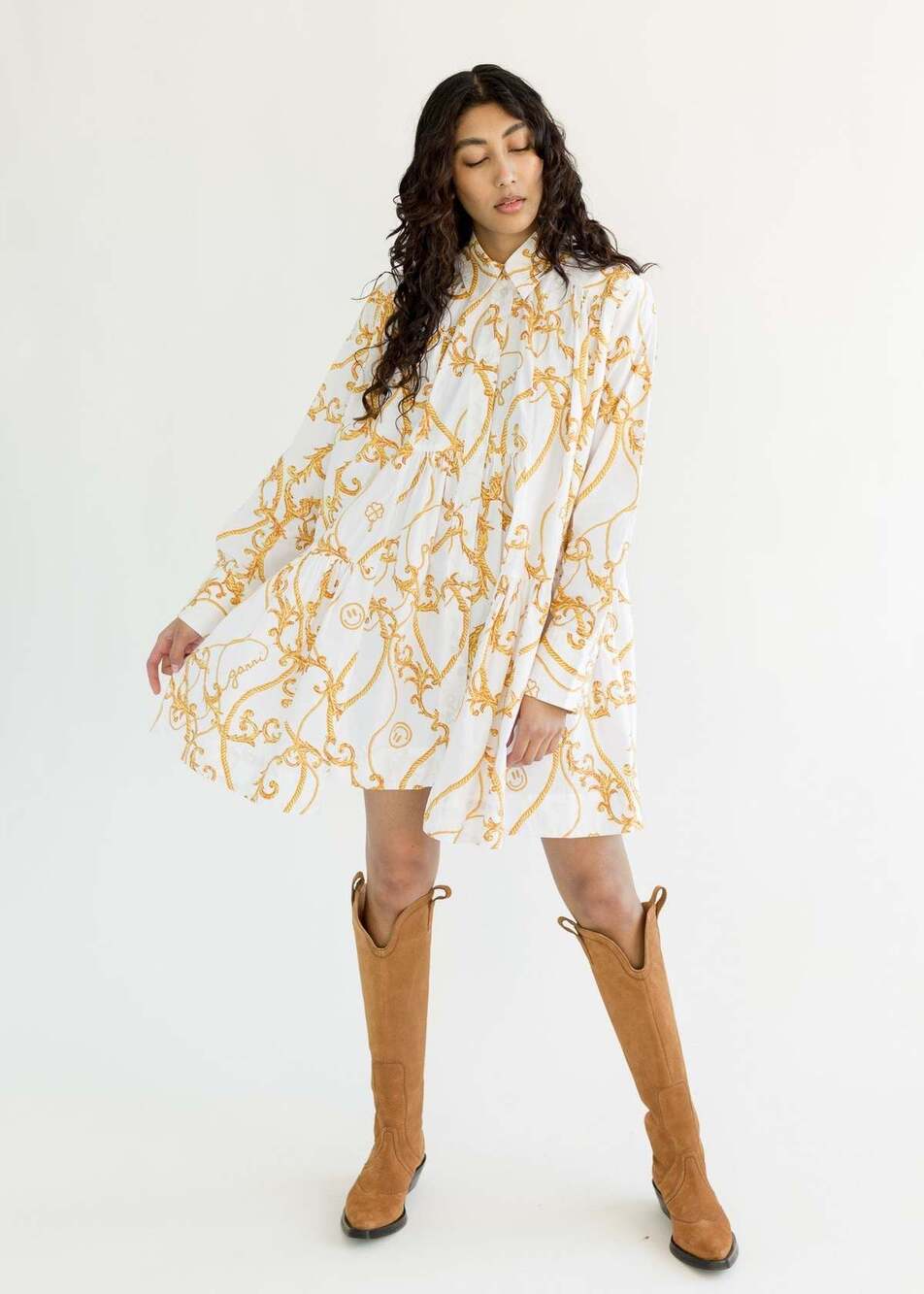Ganni Printed Organic Cotton Poplin Gathered Panel Mini Shirt Dress
